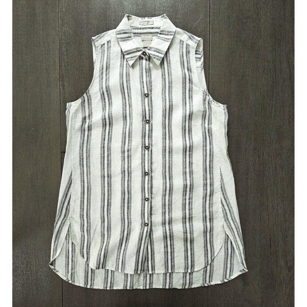 Chico's No Iron 100% Linen Gray Stripe Sleeveless Button-up Tunic Top Sz S